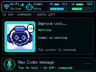 Actual board display with Codex usage, a working agent avatar and voice controls