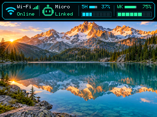 Actual monitor LCD with a mountain lake photo below the live usage bar