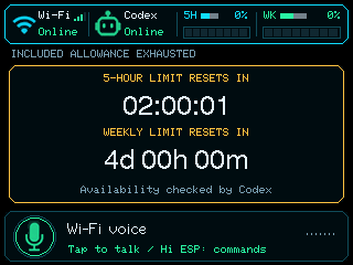 Host preview showing a five-hour reset in two hours and a separate weekly reset in four days, with voice controls still visible