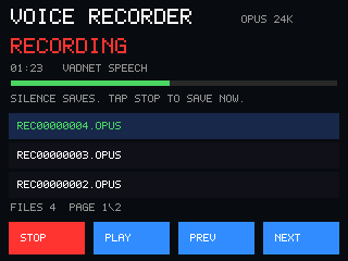 Voice recorder screen showing recording status, a microphone meter, saved Opus files, and Stop, Play, Previous and Next buttons.