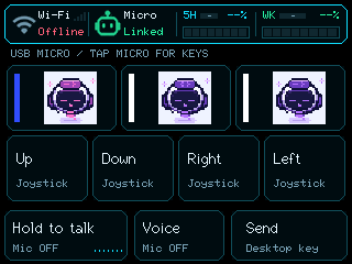 Actual LCD with three unlabeled robot avatars, Desktop color strips and Mic OFF