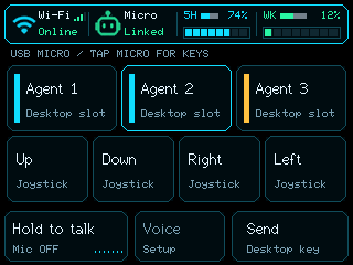 Host preview of the USB Micro layout with three agent slots, four directions, Hold to talk, Voice and Send